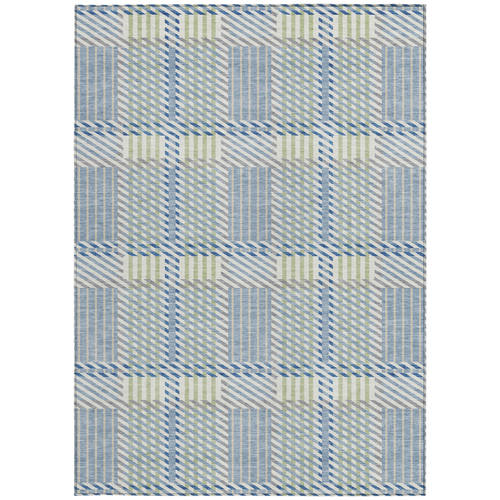 9' X 12' Denim Blue Green And Ivory Plaid Washable Indoor Outdoor Area Rug