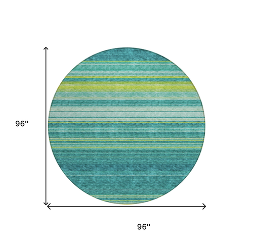 8' Teal Blue Lime Green And Turquoise Round Striped Washable Indoor Outdoor Area Rug