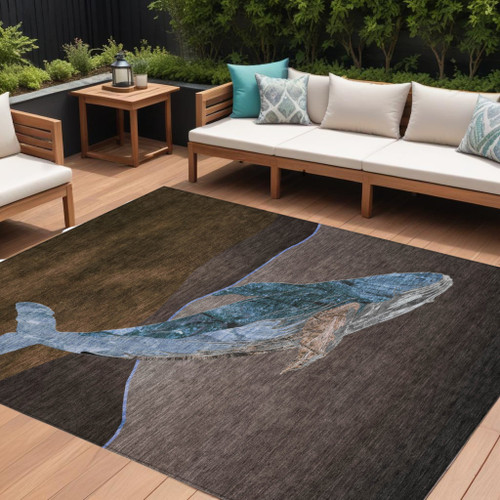 8' X 10' Brown And Denim Blue Animal Print Washable Indoor Outdoor Area Rug