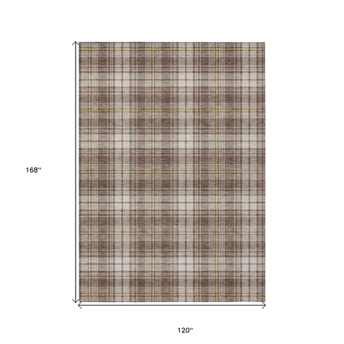 10' X 14' Brown Beige And Gold Plaid Washable Indoor Outdoor Area Rug