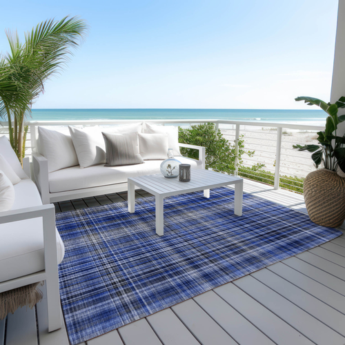 9' X 12' Navy Blue Plaid Washable Non Skid Indoor Outdoor Area Rug