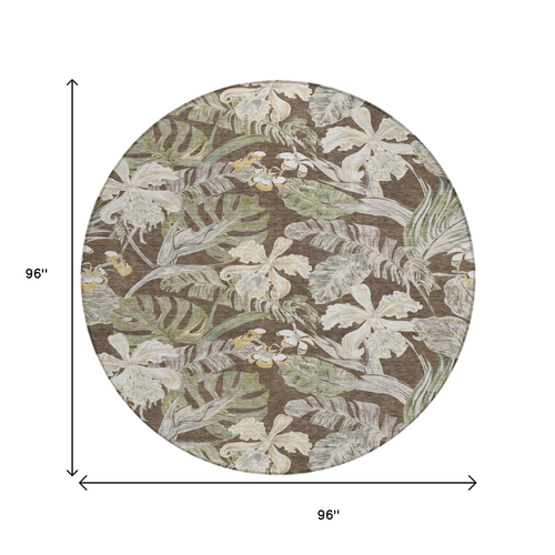 8' Brown Beige And Olive Green Round Botanical Leaves Washable Indoor Outdoor Area Rug