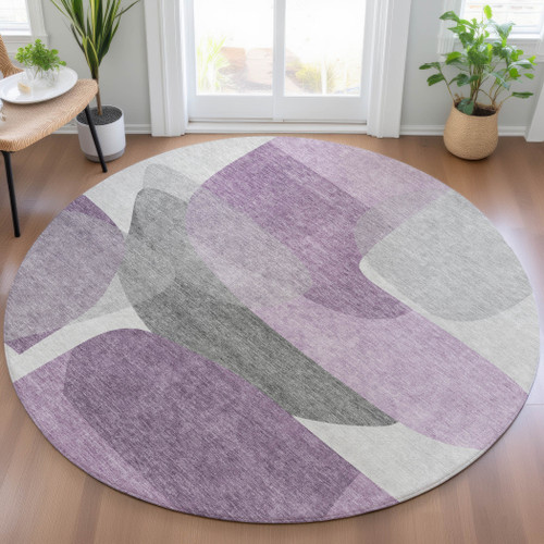 8' Purple And Gray Round Abstract Washable Indoor Outdoor Area Rug - Purple, Gray