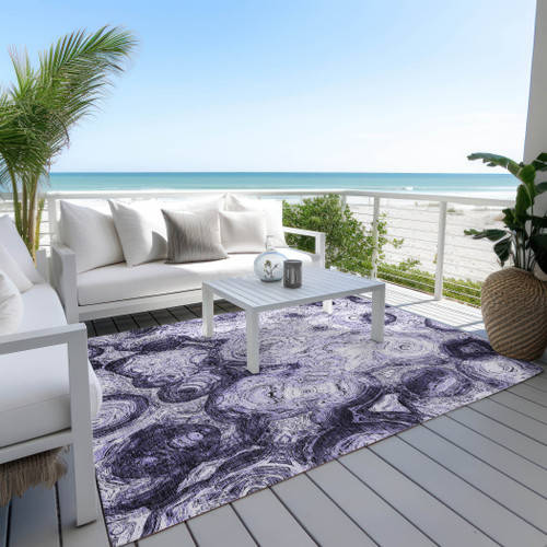 9' X 12' Purple And Lavender Abstract Washable Indoor Outdoor Area Rug