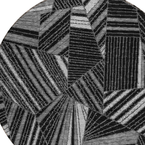 8' Black And Gray Round Geometric Washable Indoor Outdoor Area Rug