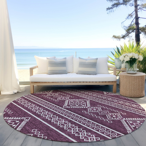 8' Eggplant And Ivory Round Southwestern Washable Indoor Outdoor Area Rug