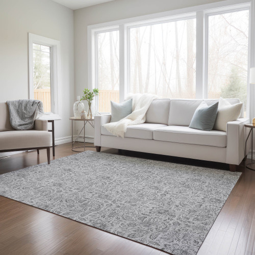 8' X 10' Silver Gray And Charcoal Floral Washable Indoor Outdoor Area Rug