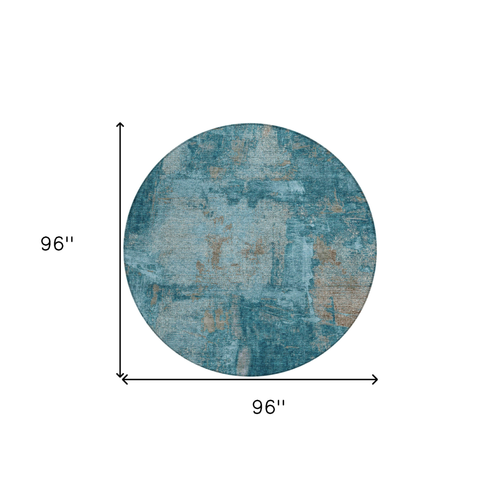 8' Teal Blue And Gray Round Abstract Washable Indoor Outdoor Area Rug