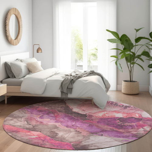 8' Blush And Purple Round Floral Washable Indoor Outdoor Area Rug