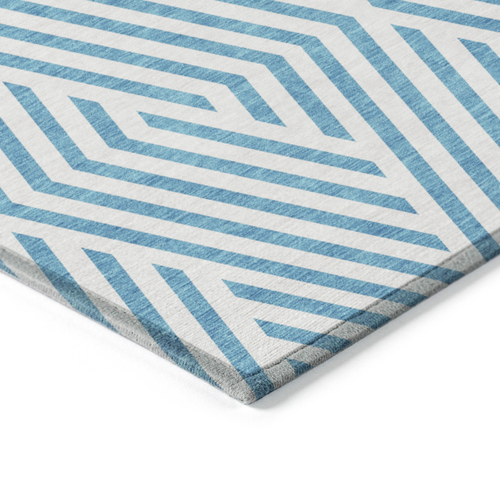 8' Round Teal and White Round Geometric Washable Non Skid Indoor Outdoor Area Rug