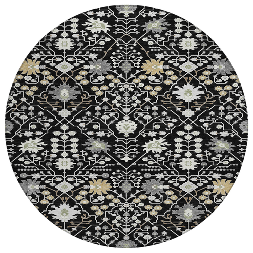 8' Black Ivory And Gray Round Oriental Washable Indoor Outdoor Area Rug