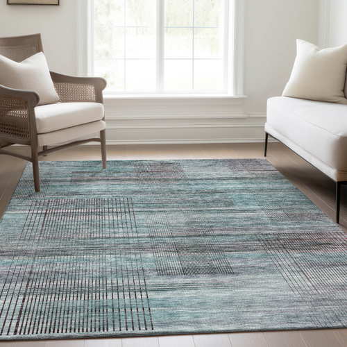 9' X 12' Teal Blue Gray And Charcoal Striped Washable Indoor Outdoor Area Rug