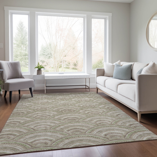 9' X 12' Taupe Fern Green And Ivory Geometric Washable Indoor Outdoor Area Rug