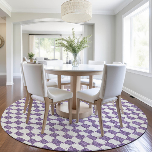 8' Purple And Ivory Round Geometric Washable Indoor Outdoor Area Rug - Purple, Ivory