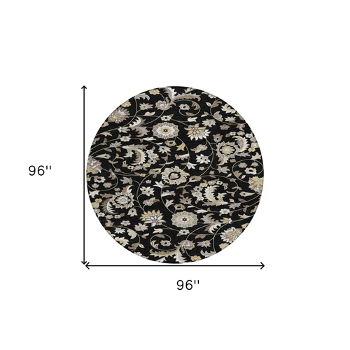 8' Black Beige And Ivory Round Floral Washable Indoor Outdoor Area Rug