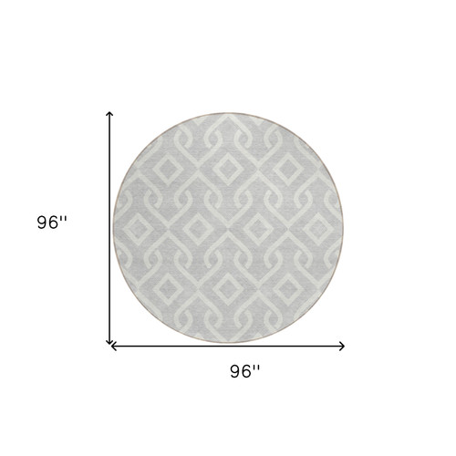 8' Silver And Ivory Round Geometric Washable Indoor Outdoor Area Rug