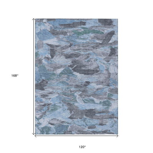 10' X 14' Denim Blue And Blue Abstract Washable Indoor Outdoor Area Rug - Denim Blue, Blue