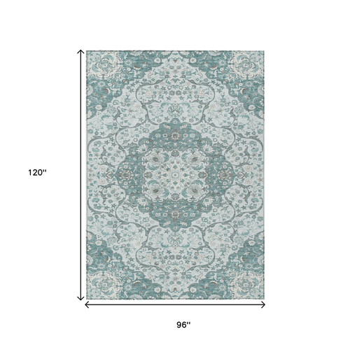 8' X 10' Teal Blue And Ivory Medallion Washable Indoor Outdoor Area Rug