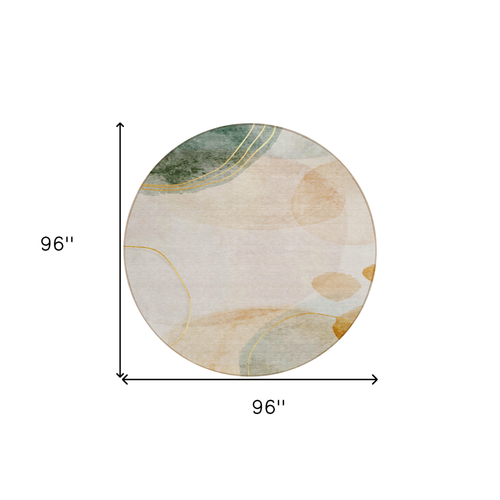 8' Round Beige and Green Round Abstract Washable Non Skid Indoor Outdoor Area Rug