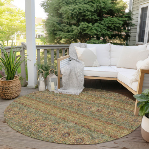 8' Artichoke Green And Olive Green Round Floral Medallion Washable Indoor Outdoor Area Rug