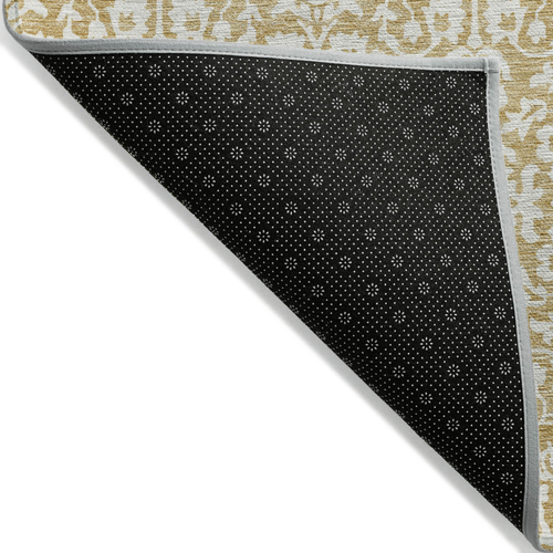 9' X 12' Gold And Beige Damask Washable Indoor Outdoor Area Rug