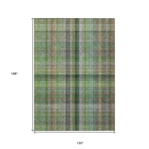 10' X 14' Green Plaid Washable Non Skid Indoor Outdoor Area Rug