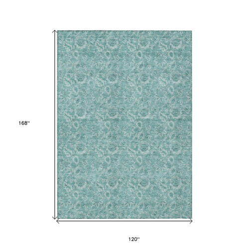 10' X 14' Teal Blue And Aqua Floral Washable Indoor Outdoor Area Rug