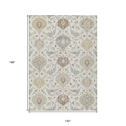 10' X 14' Ivory Brown And Gray Damask Washable Indoor Outdoor Area Rug