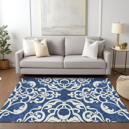 8' X 10' Navy Blue And Ivory Damask Washable Indoor Outdoor Area Rug