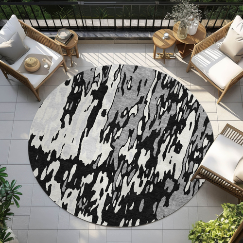 8' Black And Ivory Round Abstract Washable Indoor Outdoor Area Rug