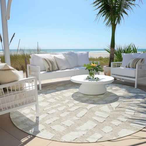 8' Beige And Ivory Round Abstract Washable Indoor Outdoor Area Rug