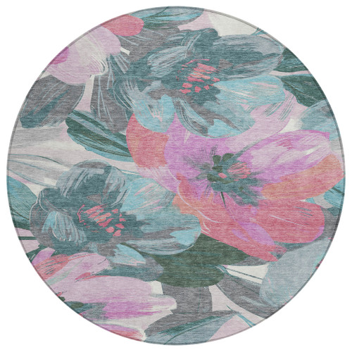 8' Teal Blue And Aqua Round Floral Washable Indoor Outdoor Area Rug Transitional Style - Teal Blue, Aqua Color