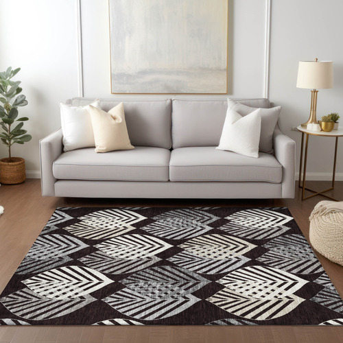 8' X 10' Black Silver And Charcoal Floral Washable Indoor Outdoor Area Rug
