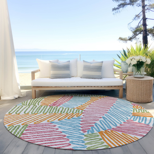 8' Blue Green And Pink Round Floral Washable Indoor Outdoor Area Rug