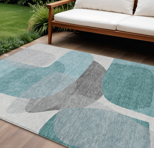 10' X 14' Teal Blue And Gray Abstract Washable Indoor Outdoor Area Rug - Teal Blue, Gray