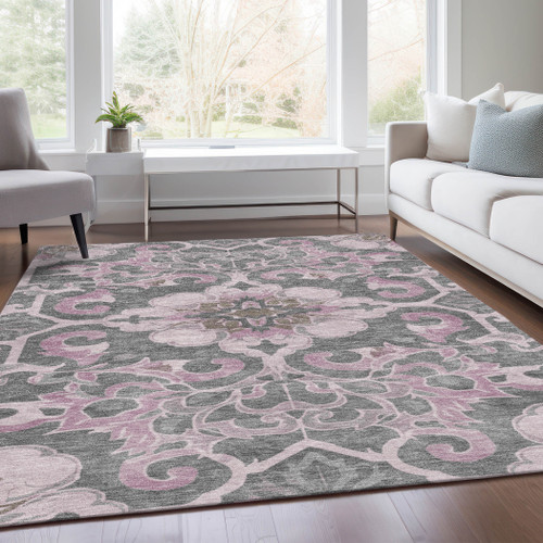 8' X 10' Pink And Charcoal Damask Washable Indoor Outdoor Area Rug
