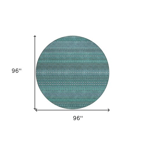 8' Round Turquoise Round Striped Washable Non Skid Indoor Outdoor Area Rug