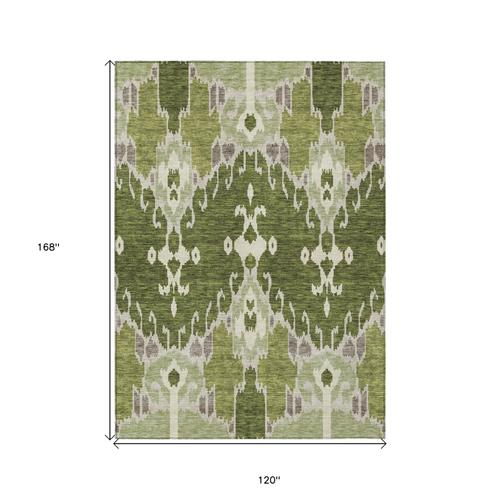 10' X 14' Olive Green And Artichoke Green Ikat Washable Indoor Outdoor Area Rug