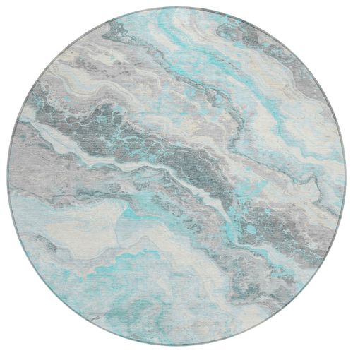 8' Teal Blue And Silver Round Abstract Washable Indoor Outdoor Area Rug