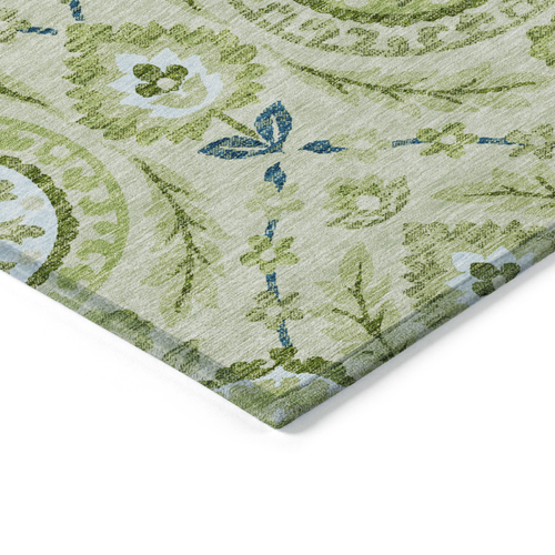 9' X 12' Artichoke Green Olive Green And Blue Floral Washable Indoor Outdoor Area Rug
