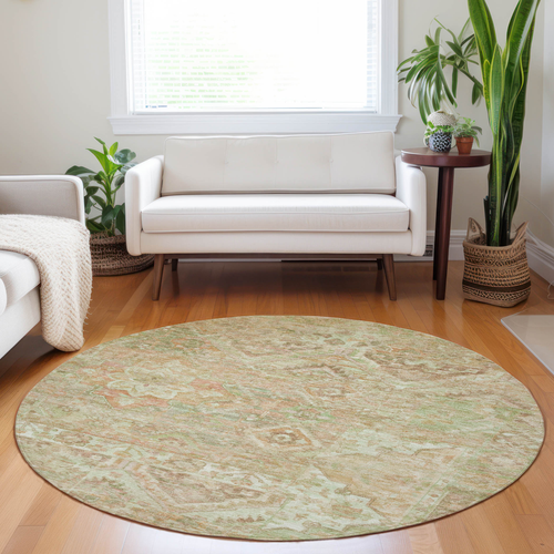 8' Salmon Fern Green And Beige Round Floral Medallion Washable Indoor Outdoor Area Rug