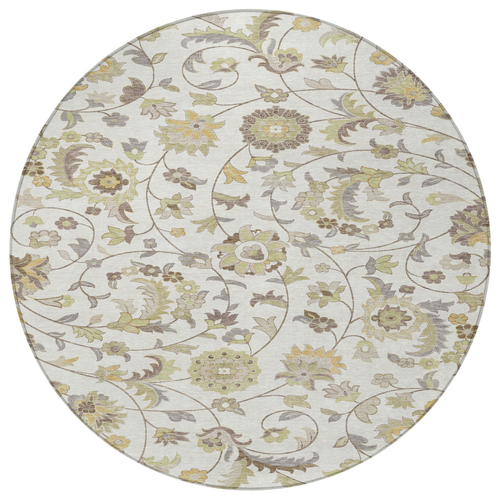 8' Ivory Brown And Green Round Floral Washable Indoor Outdoor Area Rug