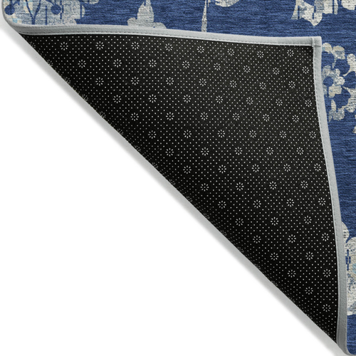 10' X 14' Navy Blue And Gray Floral Washable Indoor Outdoor Area Rug