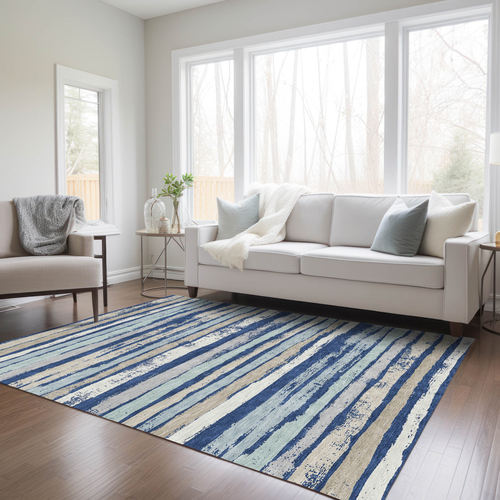 10' X 14' Navy Blue Beige And Ivory Striped Washable Indoor Outdoor Area Rug