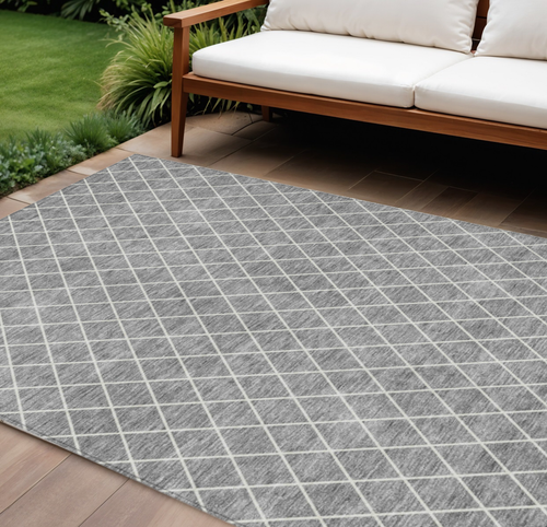 9' X 12' Gray And Ivory Geometric Washable Indoor Outdoor Area Rug