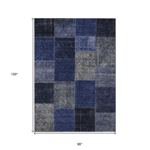 8' X 10' Navy Blue And Denim Blue Patchwork Washable Indoor Outdoor Area Rug