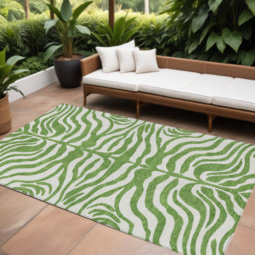 9' X 12' Green And Ivory Animal Print Washable Indoor Outdoor Area Rug