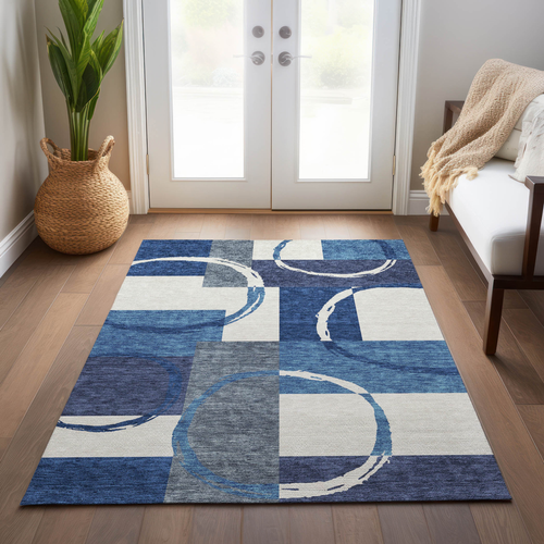 9' X 12' Blue And Ivory Geometric Washable Indoor Outdoor Area Rug