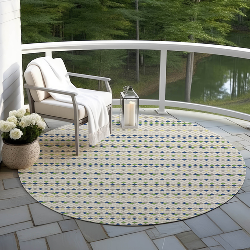 8' Linen And Lime Green Round Striped Washable Indoor Outdoor Area Rug