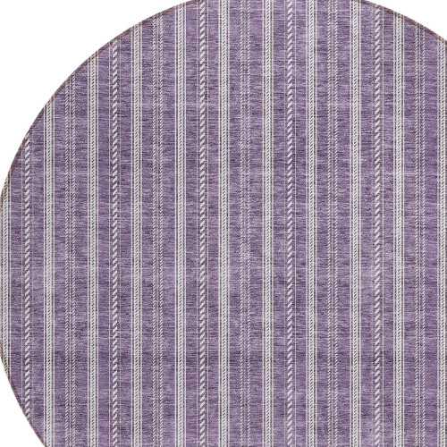 8' Purple And Ivory Round Striped Washable Indoor Outdoor Area Rug - Purple, Ivory